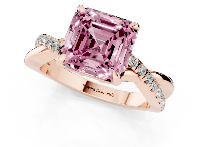 Fancy Pink Asscher Cut Diamond Twist Band Solitaire Set in Rose gold with Pavé Accents and Prong Setting