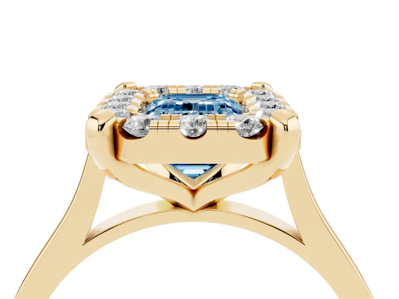 Emerald Cut Claw Corner Halo Engagement Ring Setting for a Fancy Blue Lab-Grown Diamond | Slim Plain Band | Yellow Gold