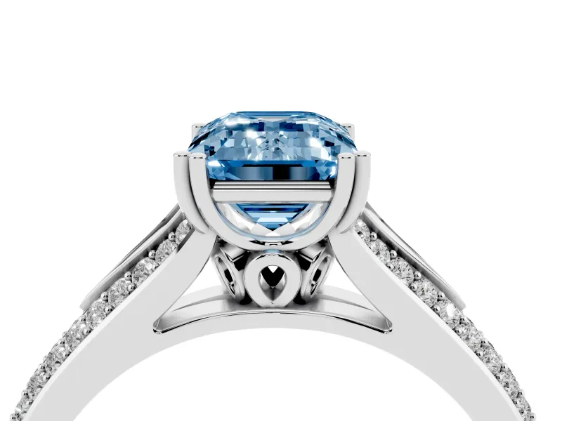 Emerald Cut Pave Split Shank Engagement Ring Setting for a Fancy Blue Lab-Grown Diamond | Double Claw Prongs | Platinum