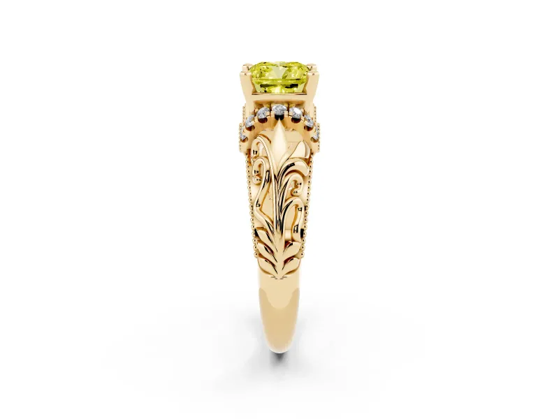 Fancy Yellow Cushion Cut Diamond Filigree Halo Engagement Ring Set in Yellow gold with Prong Setting