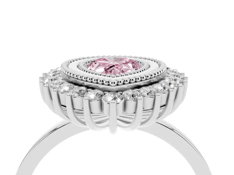 Fancy Pink Pear Cut Diamond Halo Ring Set in Platinum with Milgrain Edge and Round Prong Setting