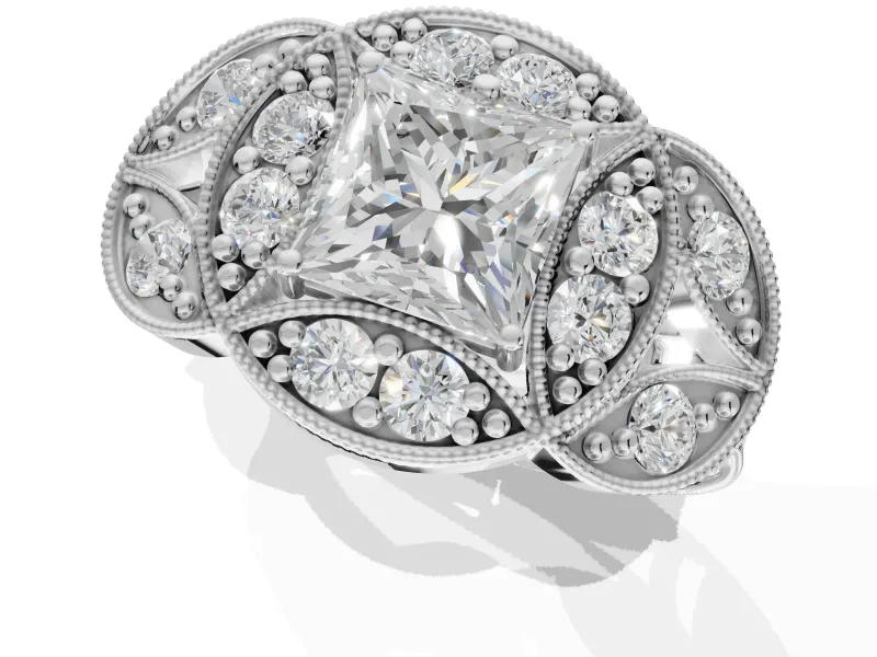 Princess Cut Vintage Floral Halo Engagement Ring Setting | Engraved Milgrain Band | Platinum