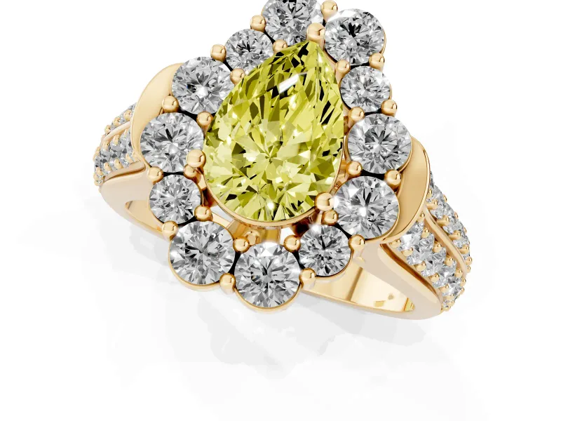 Fancy Yellow Pear Cut Diamond Halo Engagement Ring Set in Yellow gold with Split Shank and Prong Setting