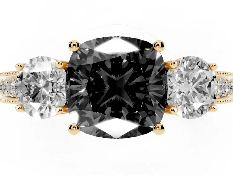 Cushion Cut Vintage Three Stone Engagement Ring Setting for a Black Center | Graduated Milgrain Pavé | Yellow Gold