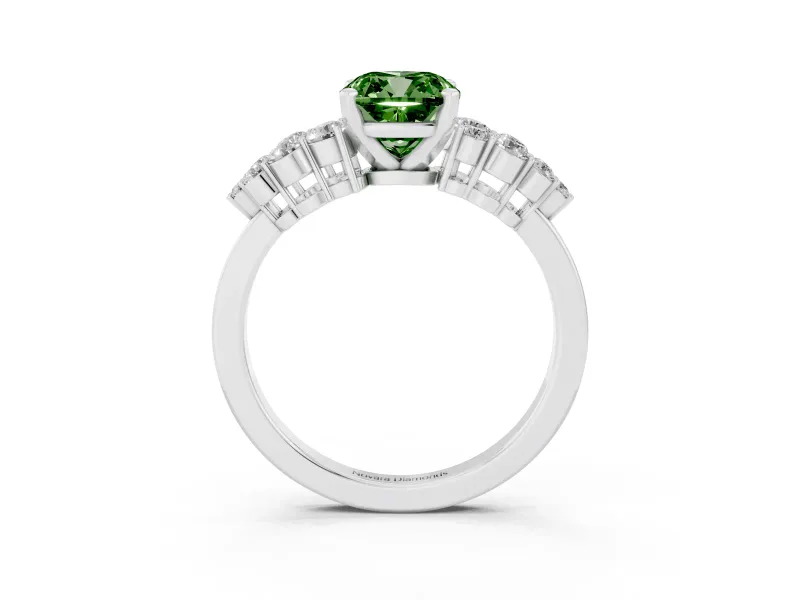 Fancy Green Cushion Cut Diamond Cluster Engagement Ring Set in White gold with Pavé Band and Prong Setting