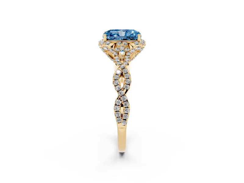 Radiant Cut Milgrain Halo Engagement Ring Setting for a Fancy Blue Lab-Grown Diamond | Graduated Shoulders | Yellow Gold