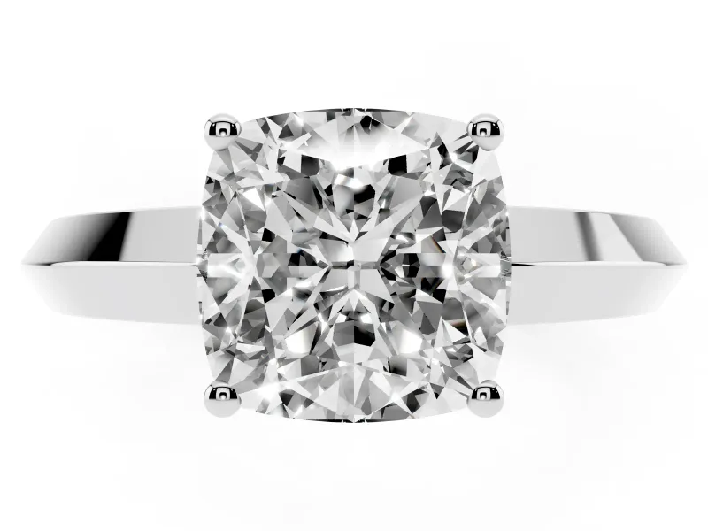 Cushion Cut Diamond Solitaire Engagement Ring Set in White gold with Flat Band and Prong Setting