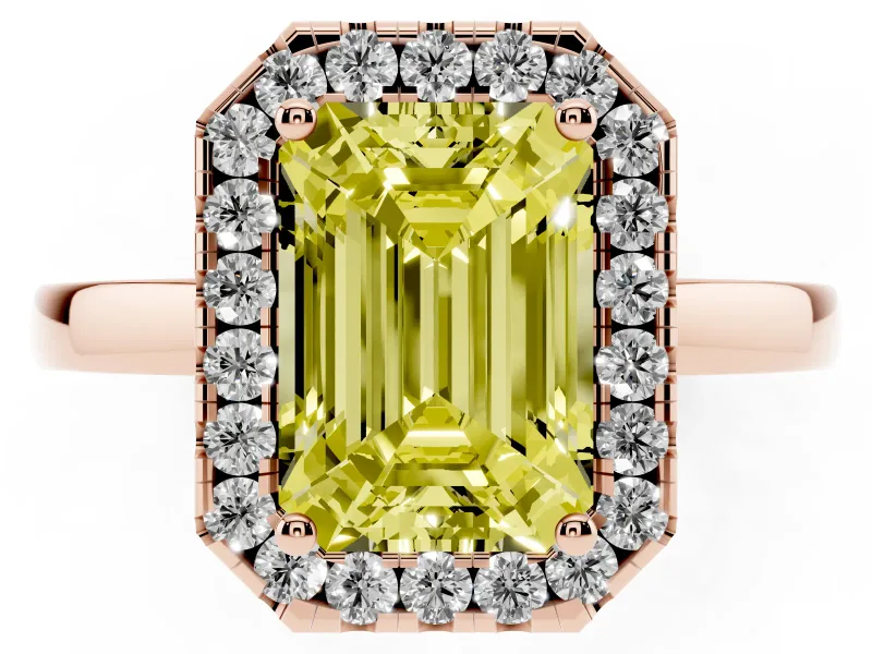 Emerald Cut Thin Halo Engagement Ring Setting for a Fancy Yellow Lab-Grown Diamond | Plain Polished Band | Rose Gold