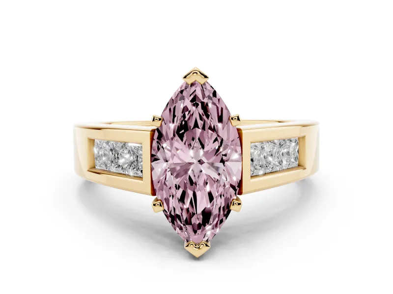 Fancy Pink Marquise Cut Diamond Solitaire Ring Set in Yellow gold with Channel-Set Accent Stones and Prong Setting