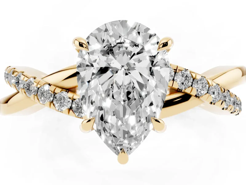 Pear-Shaped Crossover Pave Solitaire Engagement Ring Setting | Twisted Shoulders | Yellow Gold