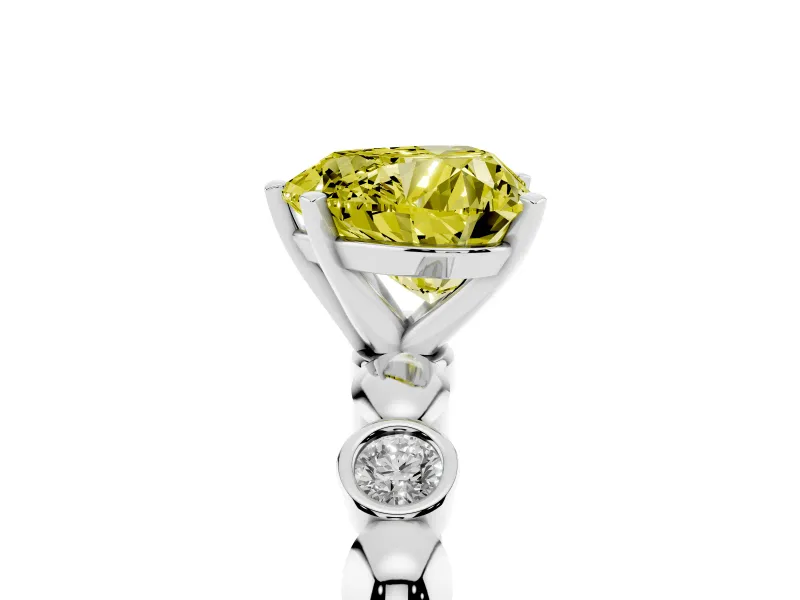 Fancy Yellow Heart Cut Diamond Solitaire Ring Set in Platinum with Bezel-Set Accents on Beaded Band and Prong Setting