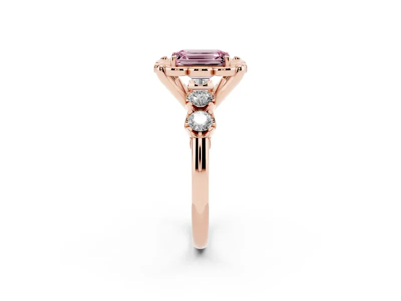 Emerald Cut Floral Engagement Ring Setting for a Fancy Pink Lab-Grown Diamond | Petal Frame and Side Stones | Rose Gold
