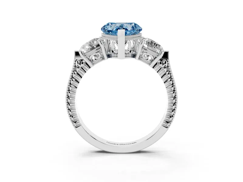 Fancy Blue Heart Cut Diamond Three-Stone Ring Set in Silver with Milgrain Band