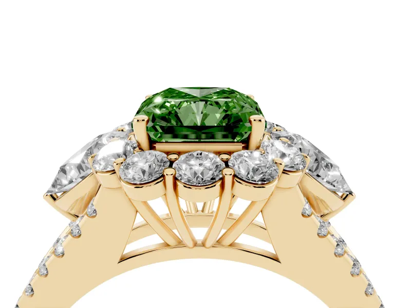 Radiant Cut Scalloped Halo Engagement Ring Setting for a Fancy Green Lab-Grown Diamond | Pear Side Stones | Yellow Gold