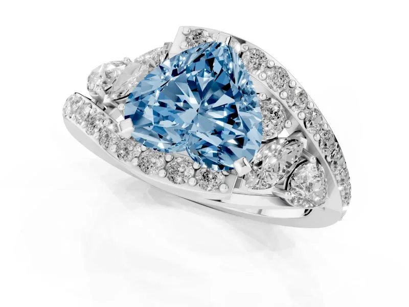 Fancy Blue Heart Cut Diamond Halo Ring Set in Platinum with Marquise and Pavé Band in Prong Setting