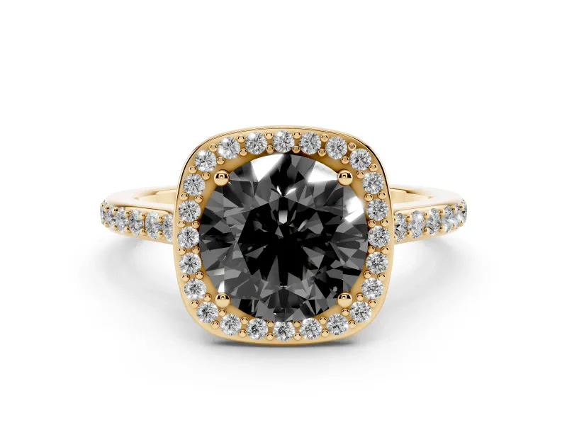 Fancy Black Round Cut Diamond Halo Engagement Ring Set in Yellow gold with Round Pavé Shoulders and Heart Gallery
