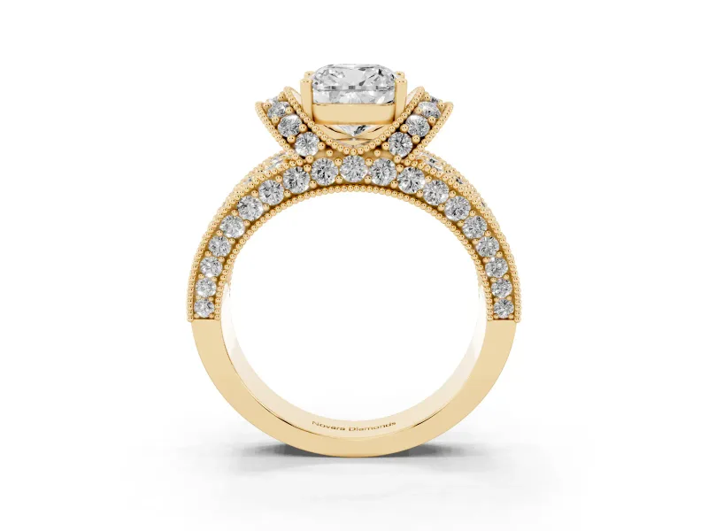 Cushion Cut Vintage Milgrain Pave Engagement Ring Setting | Crescent Side Rows | Yellow Gold