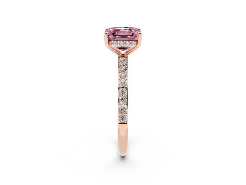 Fancy Pink Asscher Cut Diamond Pavé Band Ring Set in Rose gold with Prong-Set Center Stone
