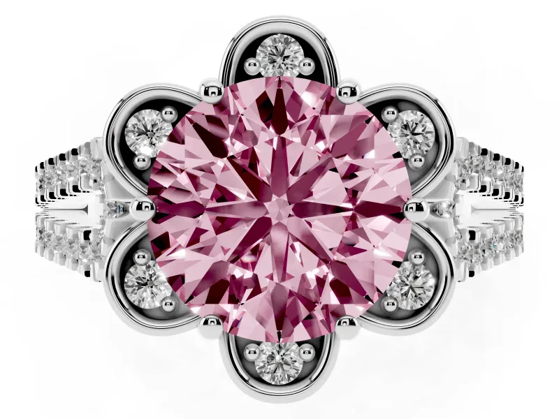Round Petal Frame Floral Halo Engagement Ring Setting for a Fancy Pink Lab-Grown Diamond | Pavé Split Shank | White Gold