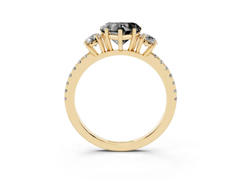 Fancy Black Heart Cut Diamond Three-Stone Ring Set in Yellow gold with Pavé Band and Graduated Sides
