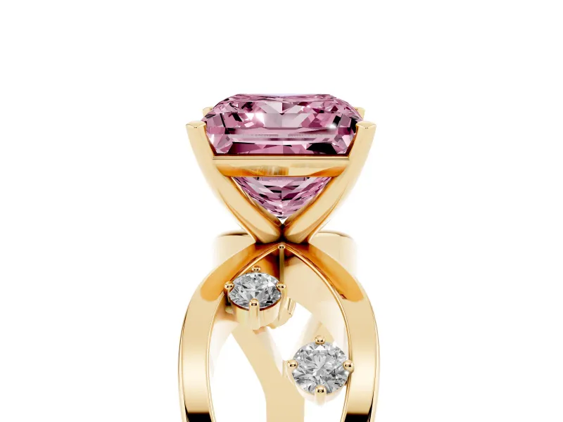 Fancy Pink Princess Cut Diamond Solitaire Ring Set in Yellow gold with Side Stones on Criss-Cross Band and Prong Setting
