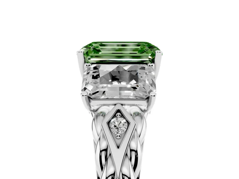 Fancy Green Emerald Cut Diamond Three-Stone Ring Set in White gold with Braided Band