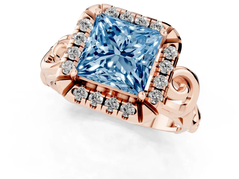 Princess Cut Filigree Halo Engagement Ring Setting for a Fancy Blue Lab-Grown Diamond | Rose Gold