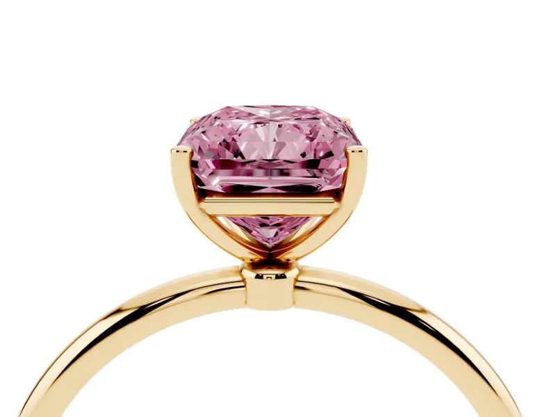Fancy Pink Radiant Cut Diamond Solitaire Engagement Ring Set in Yellow gold with Thin Band and Prong Setting