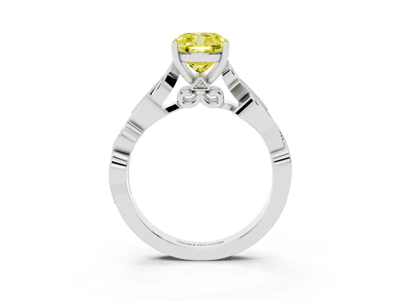 Fancy Yellow Cushion Cut Diamond Vine Band Solitaire Ring Set in Silver with Milgrain Prong Setting