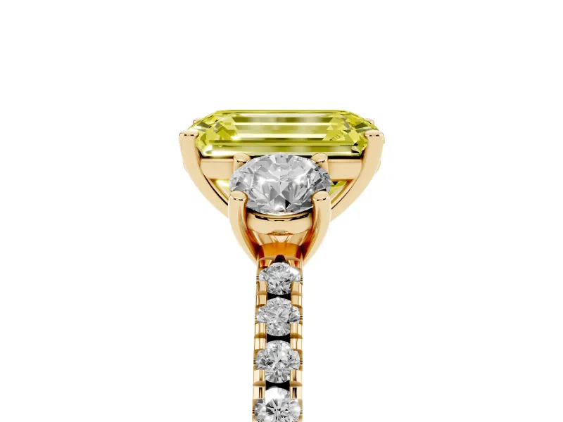 Emerald Cut Three Stone Engagement Ring Setting for a Fancy Yellow Lab-Grown Diamond | Pave Shoulders | Yellow Gold