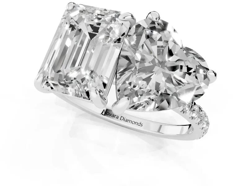 Emerald Cut and Heart-Shaped Lab-Grown Diamond Toi et Moi Engagement Ring | Pavé Band | Platinum