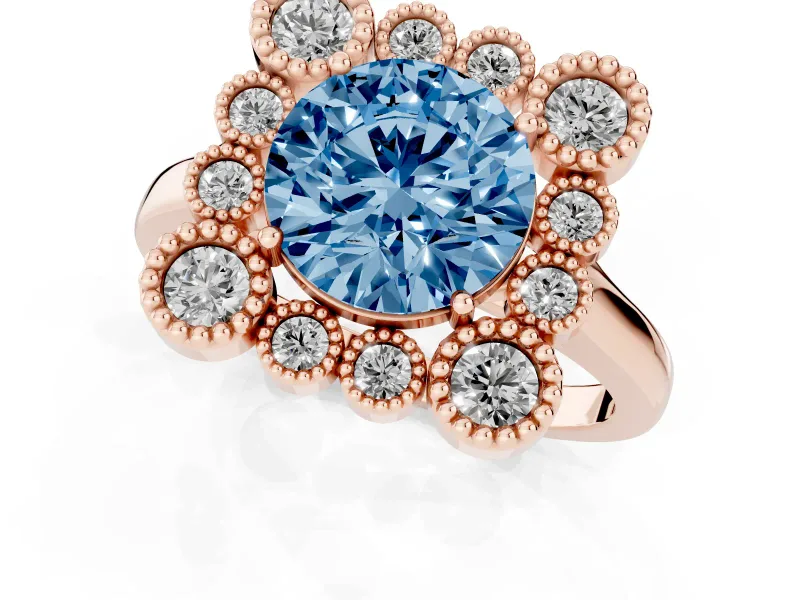 Round Milgrain Cluster Halo Engagement Ring Setting for a Fancy Blue Lab-Grown Diamond | Plain Band | Rose Gold