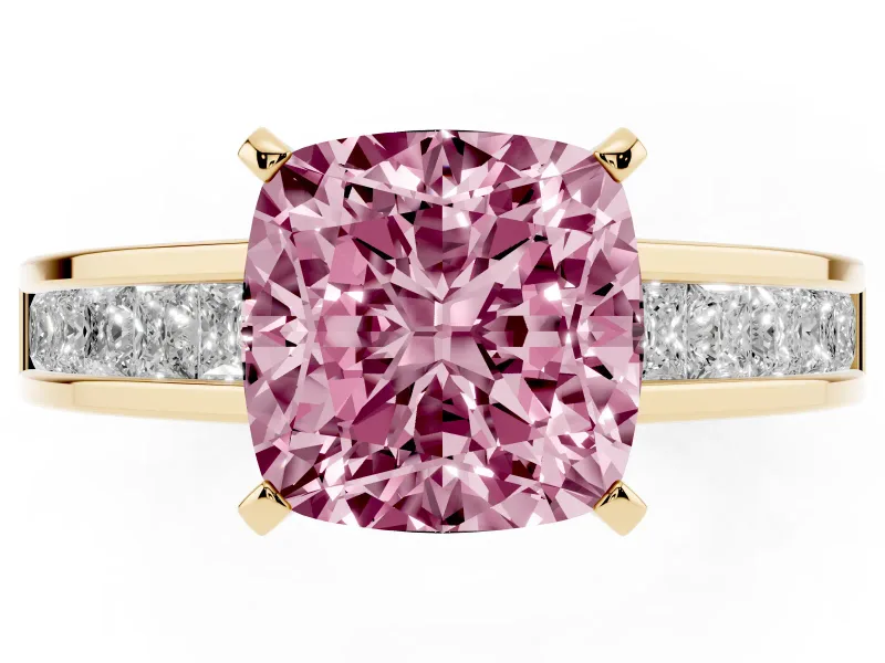 Fancy Pink Cushion Cut Diamond Solitaire Ring Set in Yellow gold with Channel-Set Band and Prong Setting