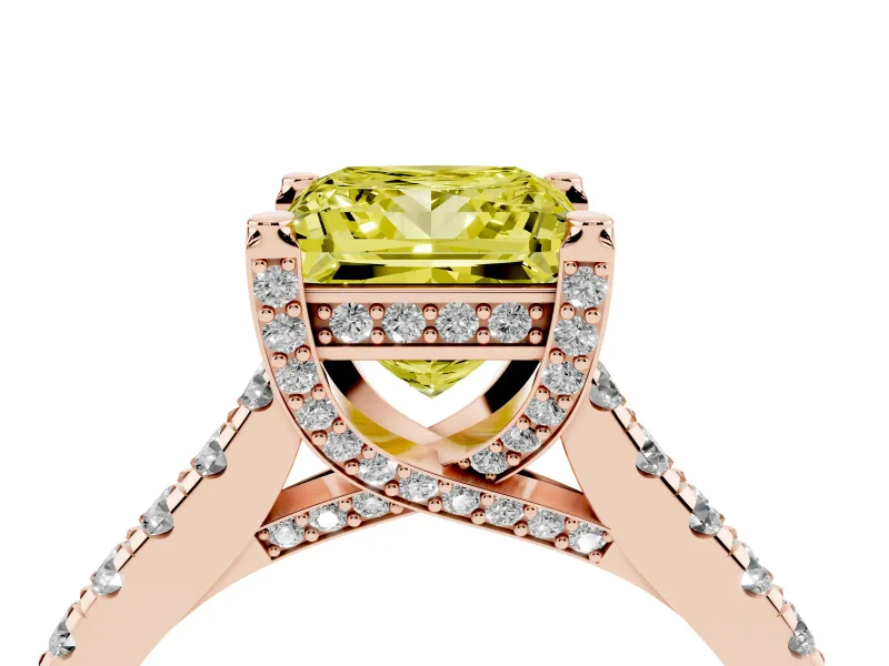 Princess Cut Hidden Halo Pave Engagement Ring Setting for a Fancy Yellow Lab-Grown Diamond | Claw Prongs | Rose Gold