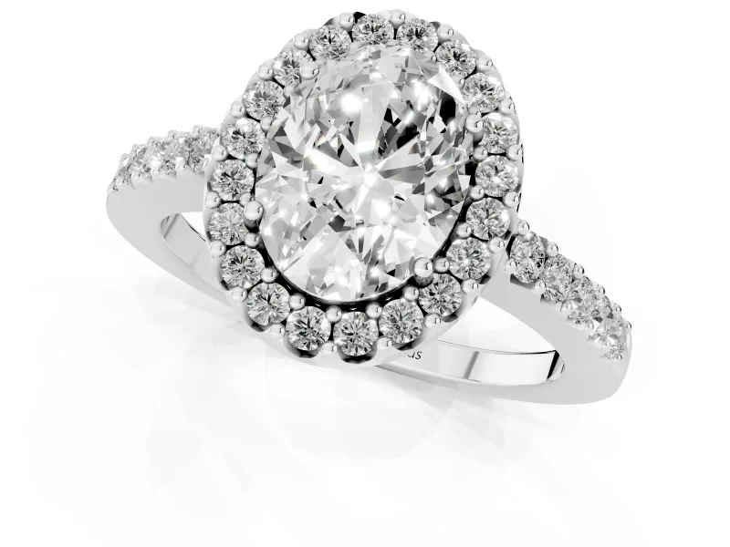 Oval Cut Diamond Halo Pavé Solitaire Ring Set in Silver with Prong-Set Center Stone