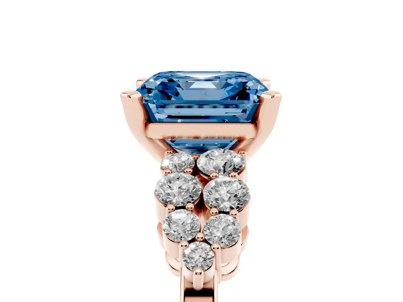 Fancy Blue Asscher Cut Diamond Cluster Engagement Ring Set in Rose gold with Pavé Band and Prong Setting