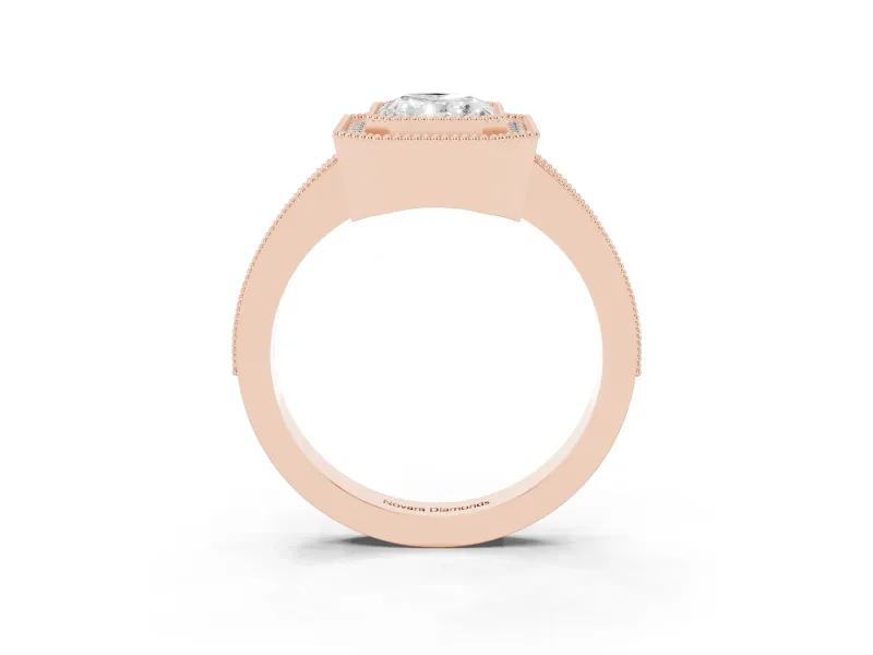 Radiant Cut Diamond Halo Engagement Ring Set in Rose gold with Pavé Band and Round Halo Stones