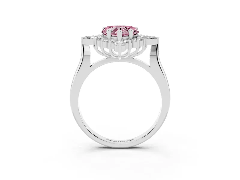 Fancy Pink Heart Cut Diamond Cluster Halo Ring Set in Platinum with Marquise and Round Accents