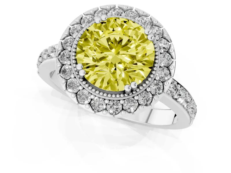 Round Milgrain Halo Engagement Ring Setting for a Fancy Yellow Lab-Grown Diamond | Pavé Shoulders | Sterling Silver
