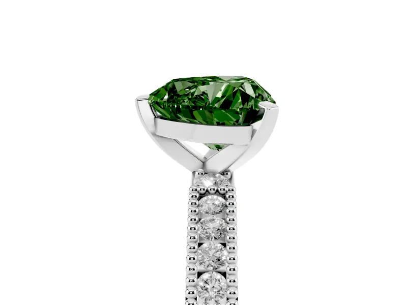 Fancy Green Heart Cut Diamond Solitaire Ring Set in Platinum with Slim Pavé Band and Prong Setting