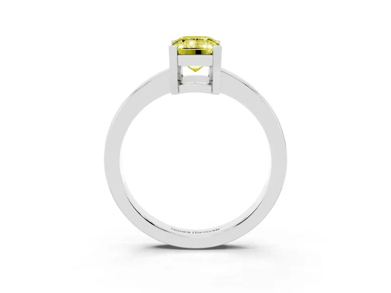 Fancy Yellow Emerald Cut Diamond Solitaire Ring Set in White gold with Prong Head and Smooth Polished Band