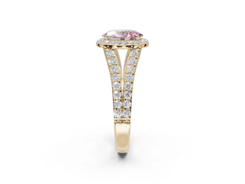 Oval Halo Pavé Engagement Ring Setting for a Fancy Pink Lab-Grown Diamond | Narrow Split Shank | Yellow Gold
