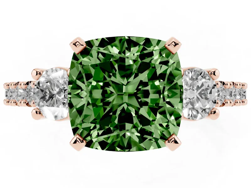 Fancy Green Three-Stone Cushion Cut Diamond Pavé Band Ring Set in Rose gold with Prong Setting