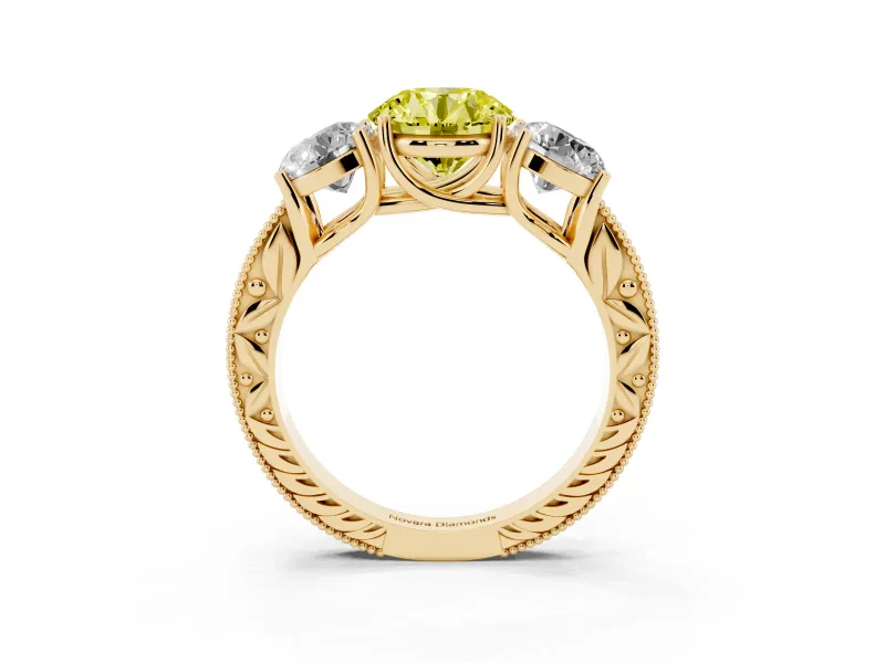 Round Vintage Three Stone Engagement Ring Setting for a Fancy Yellow Lab-Grown Diamond | Yellow Gold