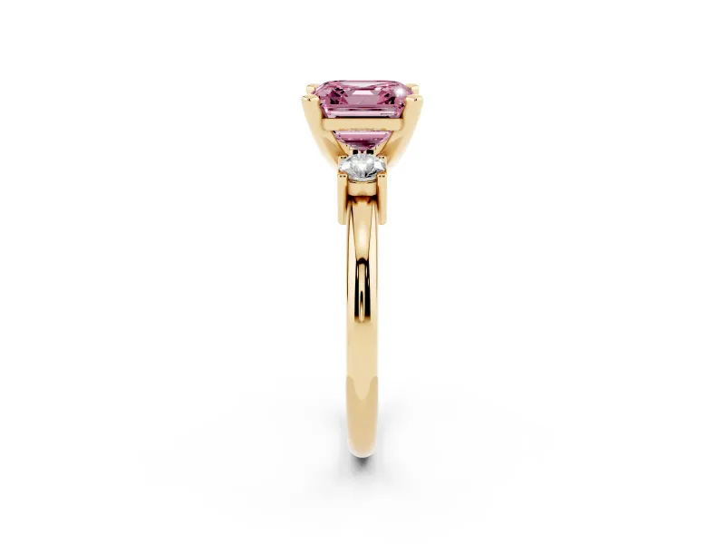 Asscher Cut Three Stone Engagement Ring Setting for a Fancy Pink Lab-Grown Diamond | Round Side Stones | Yellow Gold