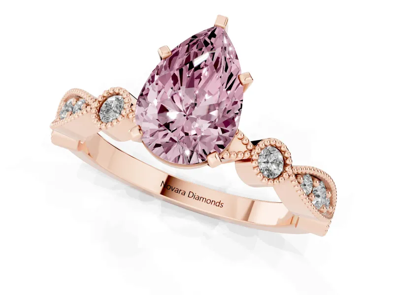 Fancy Pink Pear Cut Diamond Solitaire Engagement Ring Set in Rose gold with Milgrain Bezel Accent Band