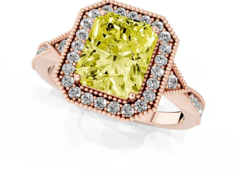Radiant Cut Milgrain Halo Engagement Ring Setting for a Fancy Yellow Lab-Grown Diamond | Graduated Pavé | Rose Gold