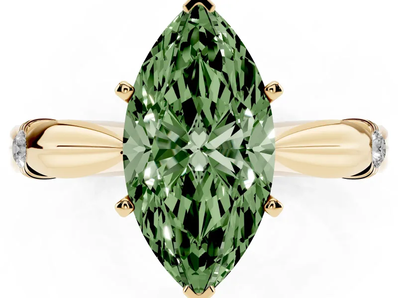 Fancy Green Marquise Cut Diamond Solitaire Twisted Band Ring Set in Yellow gold with Accent Stones and Prong Setting