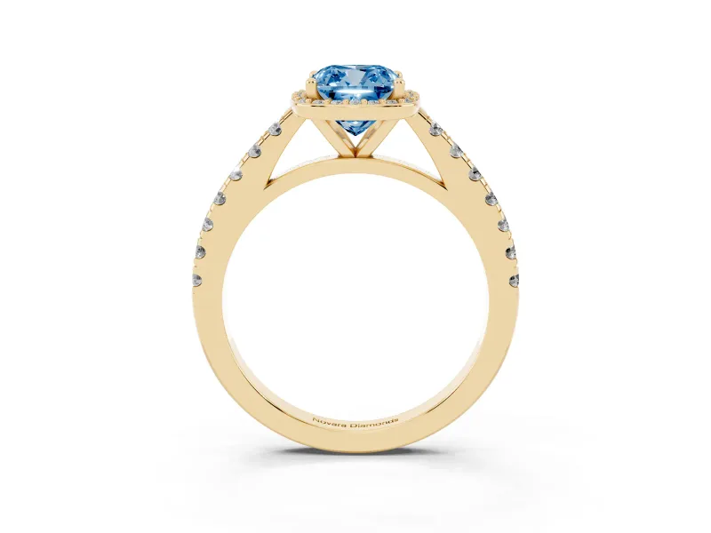 Fancy Blue Cushion Cut Diamond Halo Engagement Ring Set in Yellow gold with Pavé Band and Prong Setting