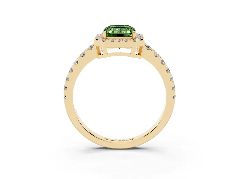 Fancy Green Emerald Cut Diamond Halo Ring Set in Yellow gold with Delicate Pavé Band and Prong Setting